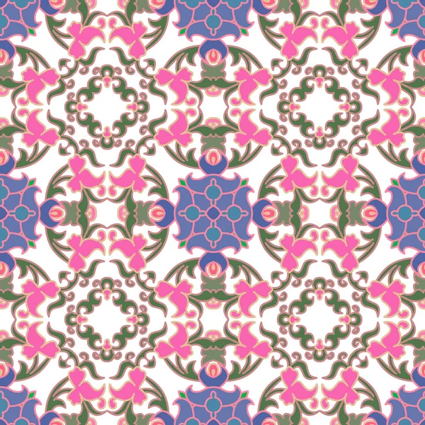 Çiçekli, güzel, pürüzsüz bir desen. Vektör süslemeli arabesk arka planı. Beyaz arka planda renkli bir çiçek süsü. Arkaplanı tekrar et. Beyaz üzerine izole tasarım. Sonsuz doku.