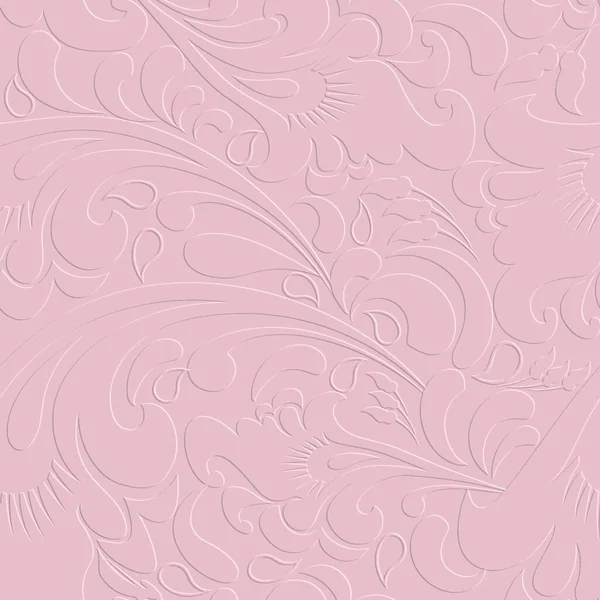 エンボス3Dライトピンクの花ペイズリーシームレスパターン テクスチャ化されたベクトル背景 民族スタイルのレリーフ花の装飾をエンボス加工 グランジの背景を繰り返します ヴィンテージの花 無限の3Dテクスチャ — ストックベクタ