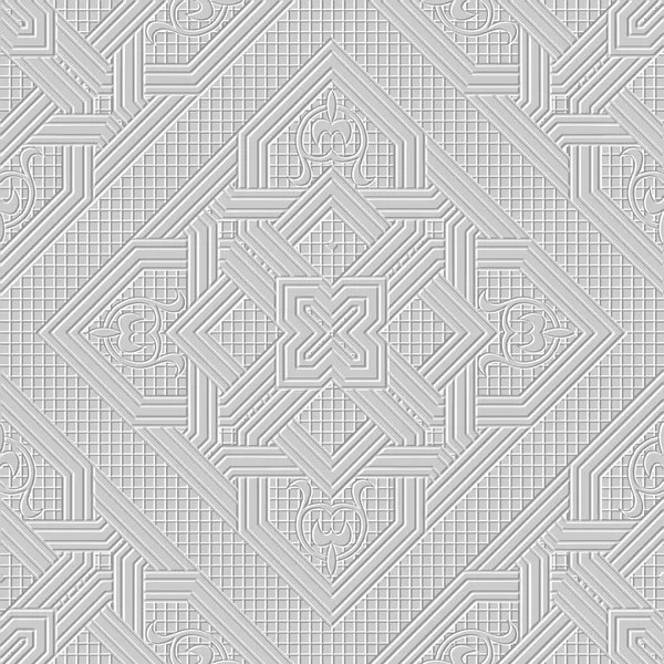 Arabesque Floral Emboss Seamless Pattern Textured Waffle White Background Vector — Stockvector