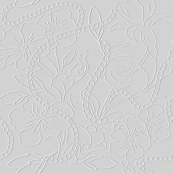 Floral Embossed White Seamless Pattern Textured Line Art Flowers Relief — Stok Vektör