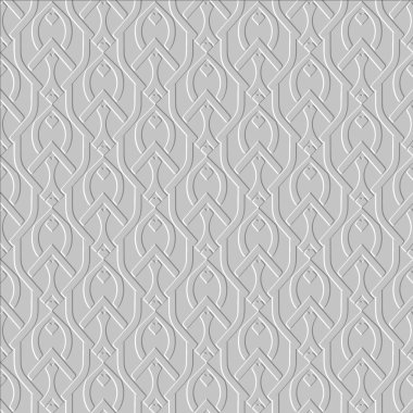 Yapılandırılmış kabartma beyaz 3D pürüzsüz desen. Zarif yüzey süsleriyle kabartmalı vektör arkaplanı. Rahatlama arka planda tekrarlanıyor. Modern desenli tasarım. Simetrik süs. Sonsuz doku.
