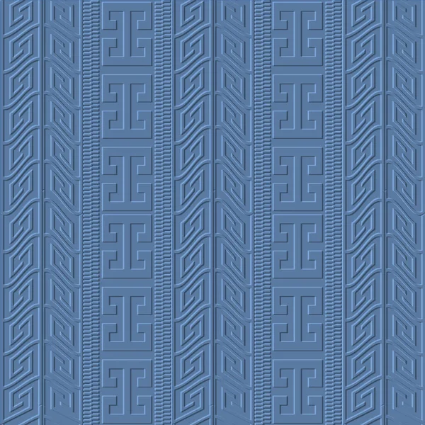 镶嵌条纹边界3D无缝图案 镶嵌的希腊边框背景 重复垂直条纹浮雕装饰 抽象的纹理蓝色背景 赋予质感 希腊曲棍球 — 图库矢量图片