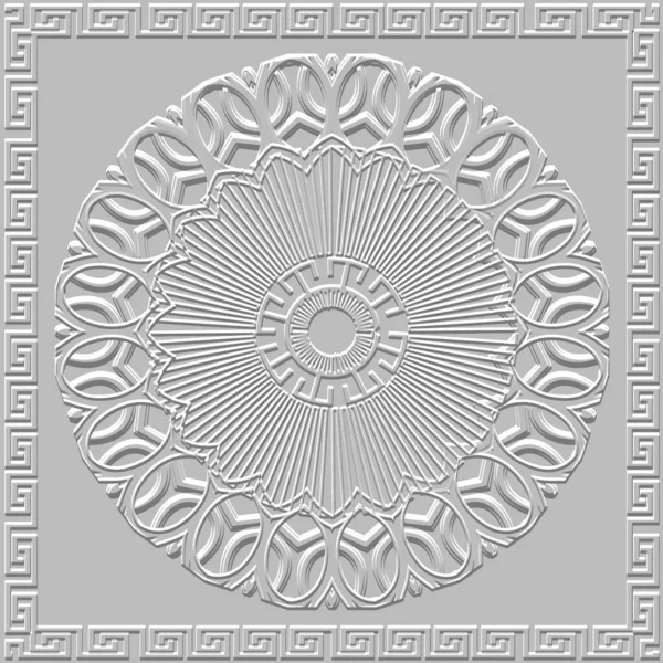 Embossed Greek Frame Mandala Pattern Emboss Relief White Background Textured — Stock Vector