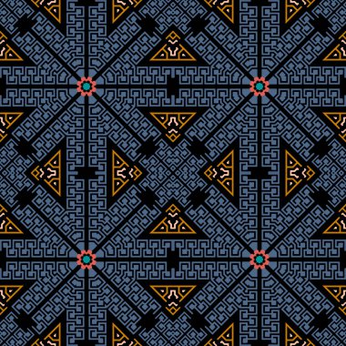 Geometrik şekiller ve radyal çizgiler kusursuz desen. Vektör renkli Yunan geçmişi. Kabile etnik tarzı arka plan tekrarı. Geometrik şekiller, çiçekler. Soyut çiçekli süsler. Yunan anahtar çeviricileri.