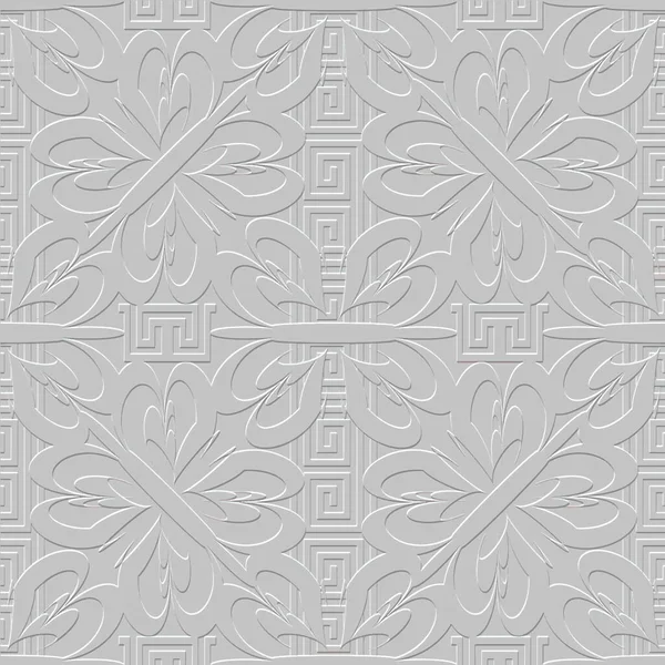 Floral Embossed Greek Seamless Pattern Vector Textured White Abstract Background — Stock Vector