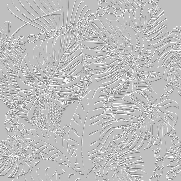 Geprägte Tropische Palmblätter Nahtloses Muster Tropische Blätter Relief Weißen Hintergrund — Stockvektor