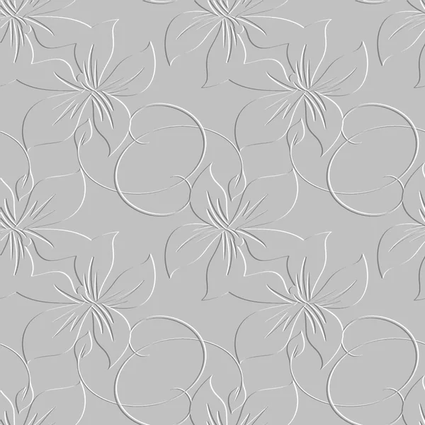 Embossed White Floral Lines Seamless Pattern Textured Beautiful Flowers Relief — Stock Vector