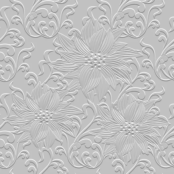 花のバロックラインアート3Dシームレスなパターンをエンボス加工 救済の背景を残します テクスチャの白い背景を繰り返します 表面古いスタイルのヴィンテージの葉 3D手描きの線の花 エンボス無限の装飾品 — ストックベクタ