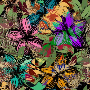 Çiçekli fırça darbeleri pürüzsüz desen oluşturuyor. Kirli, modern, çiçekli arka plan. El çizimi parlak çiçekler. Soyut tekrarla çiçek arkaplanı. Hışırtılı desenli çiçek süsü. Moda tasarımı.