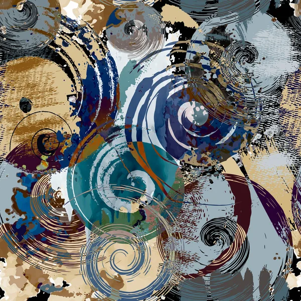 Spiralkreise Nahtloses Muster Pinselstriche Aquarell Grunge Hintergrund Grobe Geometrische Wiederholung — Stockvektor