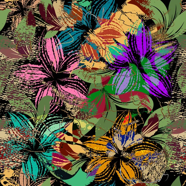 Schöne Florale Pinselstriche Nahtloses Muster Schmutzige Moderne Blumige Hintergrund Von — Stockvektor
