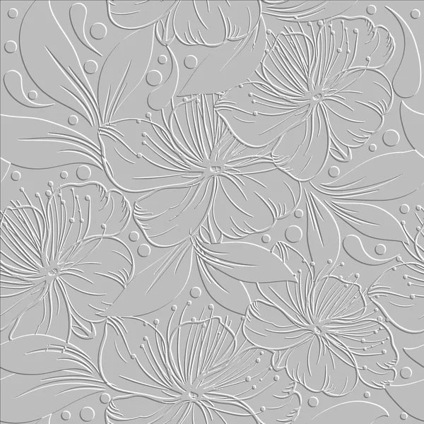 3次元エンボス桜ラインシームレスパターン 美しい花の白いレリーフの背景のテクスチャ 背景を繰り返します 3D無限のラインアート花の装飾葉 ポルカドット ペイズリー — ストックベクタ