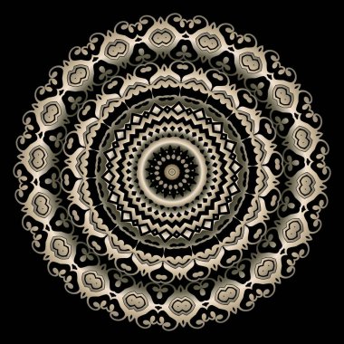 Altın çiçek. 3D altın Mandala. Yuvarlak etnik üç boyutlu süs. Siyah arka planda vektör çiçekli altın desen. Güzel mandala deseni. Rosette. Tabak. Dekoratif dekoratif modern tasarım. Klasik çiçekler..