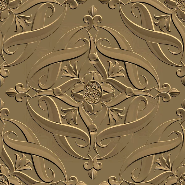 Relief Vintage Vektor Nahtloses Muster Barock Damast Ornamentalen Gold Relief — Stockvektor