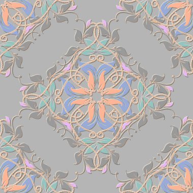 Dokulu Çiçekli Barok Şam 3 boyutlu pürüzsüz desen. Vektör kabartmalı kabartma tarzı arka plan. Kabartma çiçek arkaplanını tekrar et. Yüzeyde kullanılan renkli bir süs. İplerle Grunge dokusu.