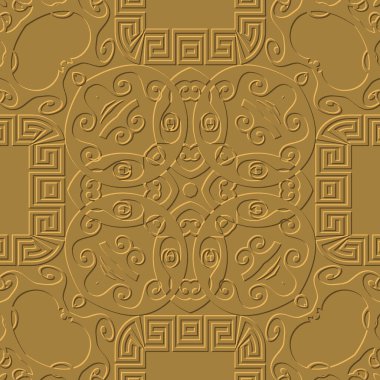 Çiçekli Yunan desenli 3D dikişsiz desen. Kabartmalı sarı vektör arkaplanı. Yüzey kabartma çiçekleri, geometrik şekiller, dalgalar, çizgiler, girdaplar, çerçeveler ile rahatlama Yunan anahtar 3d süslemeleri.