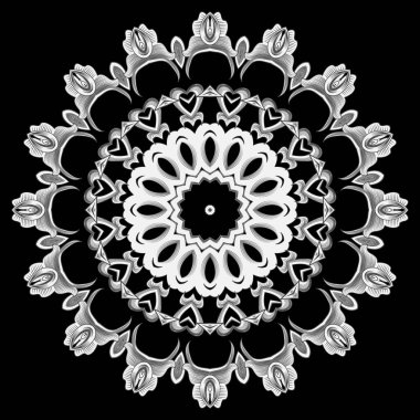 Çiçekli siyah beyaz çizgiler mandala deseni. Süslü çiçekli vektör arka planı. Şatafatlı bir sanat eseri. Güzel çiçek. Dekoratif desenli arka plan. Süslü mandala tasarımı.