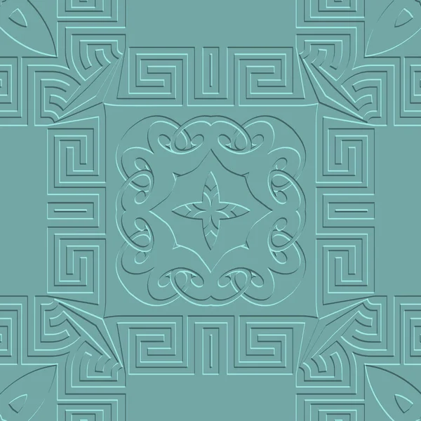 Floral Griechisch Geprägtes Nahtloses Muster Texturierte Moderne Hellblaue Hintergrund Relief — Stockvektor