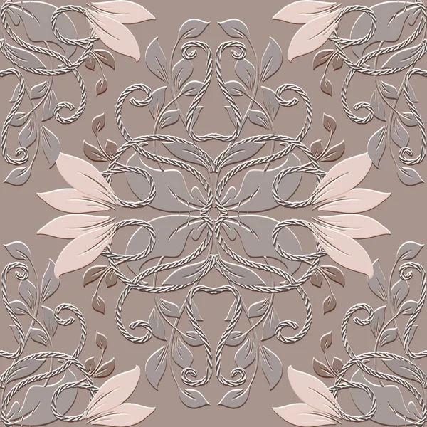 テクスチャされた花の3Dシームレスパターン 背景が強調されている ヴィンテージエンボス花 ロープ サーフェスベクトルの背景を繰り返します 花のレリーフ装飾品 終わりのない質感 効果の強調 — ストックベクタ