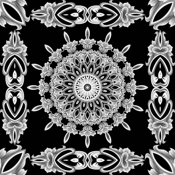 Florale Schwarze Und Weiße Linien Mandala Und Rahmen Nahtlose Muster — Stockvektor