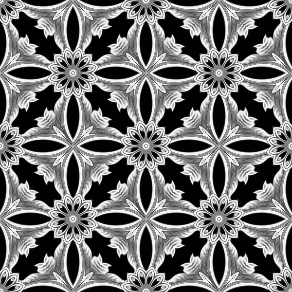 Bloemen Zwarte Witte Lijnen Naadloos Patroon Decoratieve Bloemrijke Vector Achtergrond — Stockvector