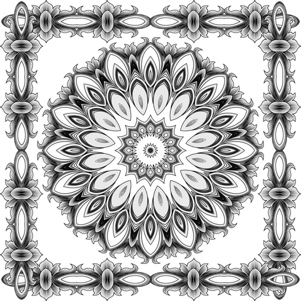Bloemen Zwart Wit Lijnen Mandala Frame Naadloos Patroon Decoratieve Bloemrijke — Stockvector