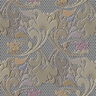 3d embossed floral seamless pattern. Textured beautiful flowers. Relief lacy background. Repeat emboss lace backdrop. Surface leaves, flowers. 3d endless vintage flowers ornament with embossing effect