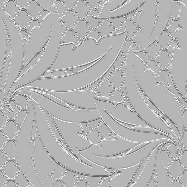 Textured Floral Seamless Pattern White Relief Grunge Leafy Background Repeat — Stock Vector