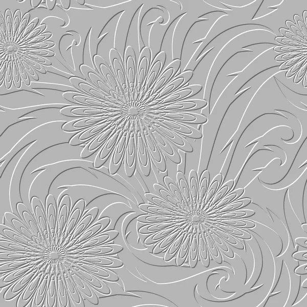 Embossed White Floral Seamless Pattern Textured Beautiful Flowers Relief Background — Stok Vektör