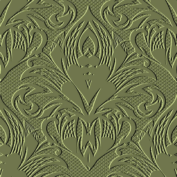 Floral Emboss Seamless Pattern Embossed Lacy Green Background Textured Repeat — Stock Vector