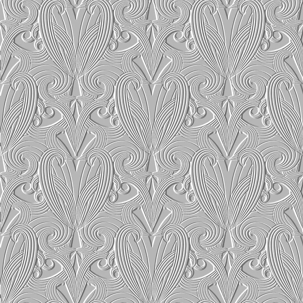 Textured Floral Line Art Seamless Pattern Ornamental Relief Swirls Background — ストックベクタ