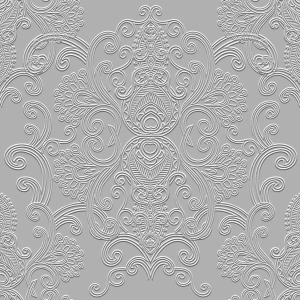 Lines Emboss Floral Seamless Pattern Ornamental Textured Relief White Background — ストックベクタ