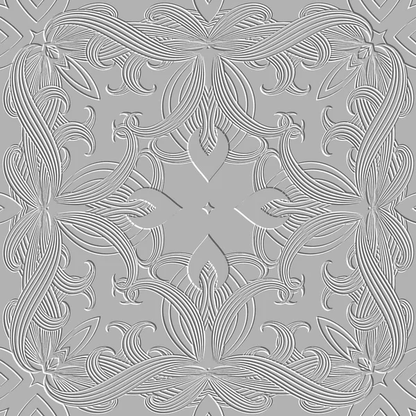 Embossed Lines Floral Seamless Pattern Textured Beautiful Flowers Relief Background — Image vectorielle