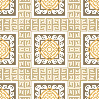 Ekose desenli tartan Yunanlı kusursuz desen. Renkli kareler, çerçeveler ve dalgalarla süslemeli beyaz vektör arkaplanı. Arka planı tekrar et. Altın geometrik süsler. Modern güzel tasarım. Sonsuz doku.