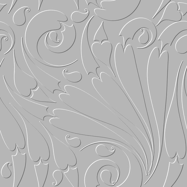 Embossed floral line art Paisley seamless pattern. Textured white ethnic style grunge background. Repeat vector emboss backdrop. Floral relief ornaments with surface paisley flowers, swirls, lines.