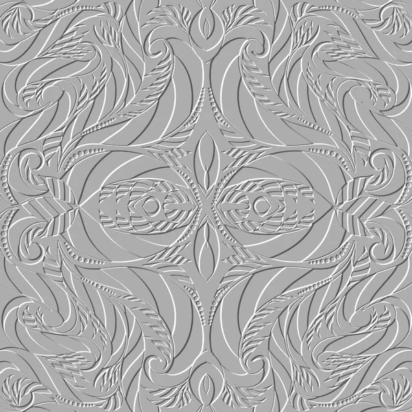 Floral Textured Lines Seamless Pattern White Ornamental Abstract Emboss Background — Stock Vector