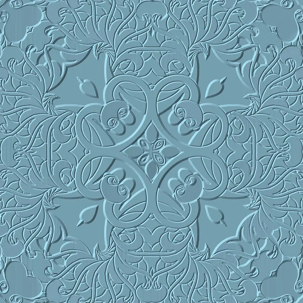 Light Blue Textured Seamless Pattern Emboss Patterned Floral Background Vector — Stok Vektör
