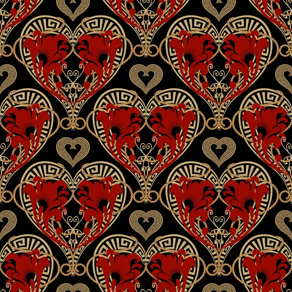 Greek Love Hearts Vector Seamless Pattern Ornamental Ethnic Style Beautiful — Vetor de Stock