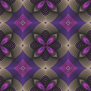 Çiçeksel renkli çizgiler 3D pürüzsüz desen. Yüzey desenli sanat kaleydoskopu arka planı. Vektör soyut arkaplanı tekrarlıyor. Moda 3D çizgileri çiçek süsü. Güzel modern dekoratif tasarım.