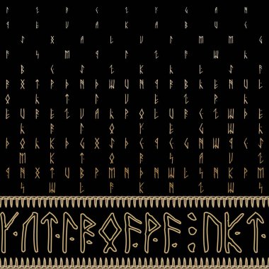 Runes. Border. Magical runic letters seamless pattern. Magic golden signs and symbols on black background. Trendy vector backdrop. Magical runes lettering ornaments with stitching. Runic borders.