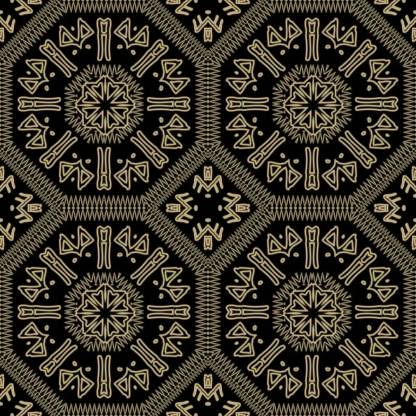 Tribal Seamless Pattern Golden Ethnic Ornaments Black Background Geometric Repeat — стоковый вектор