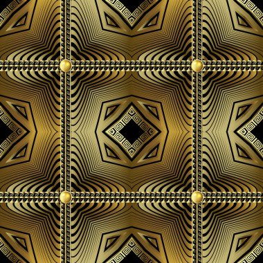 Lüks altın kareli, üç boyutlu, pürüzsüz desen. Altın çizgiler ve çizgili arka plan. Yüzey arka planı tekrarlıyor. Yunan sınırları, çerçeveler. Modern desenli Deco süslemeleri. Altın 3D düğmeler. Dalgalı çerçeveler, eşkenar dörtgen.