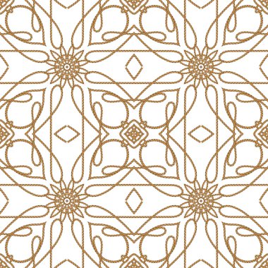 Beyaz arka planda altın telli, çiçeksiz desen. Güzel dantelli süsler örgülü ipler, ipler, çiçekler, düğümler, döngüler. Dekoratif izole tasarımı tekrarla. Süslemeli vektör arkaplanı.