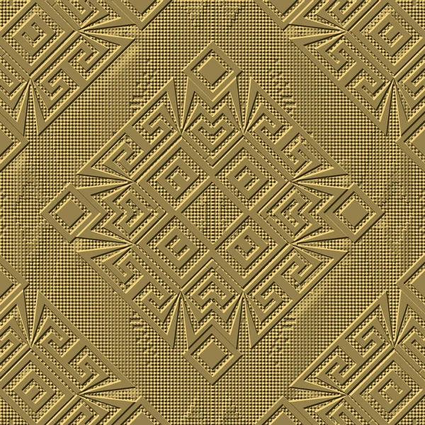 Geometric Greek Emboss Seamless Pattern Textured Gold Background Vector Repeat — Stockvektor