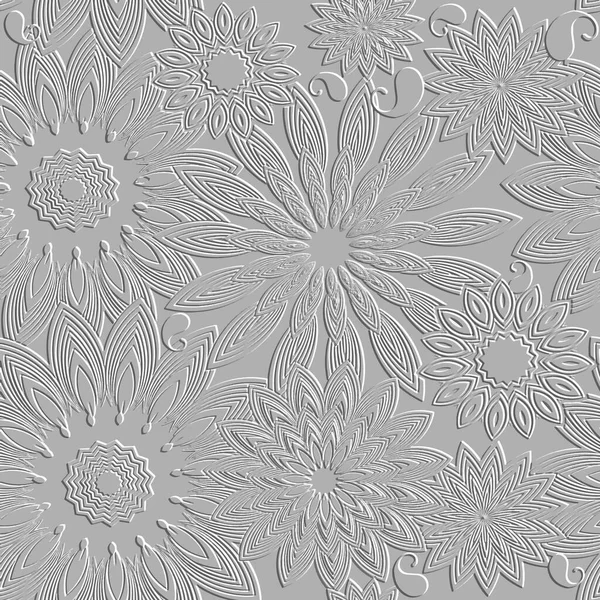 Embossed Flowers Seamless Pattern Textured Ethnic Style Flowers Relief Background — Vetor de Stock