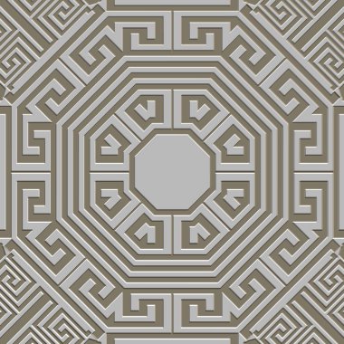 Emboss greek 3d seamless pattern. Embossed relief mandalas background. Greek key meanders surface geometric ornament. Abstract repeat textured backdrop. Embossing endless texture. Modern ornate design