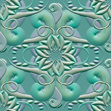 3d colorful abstract emboss flowers seamless pattern. Ornamental textured grunge 3d background. Repeat relief vector backdrop. Trendy emboss 3d floral ornaments with surface flowers, swirls, fractals.