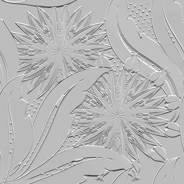 Embossed White Floral Seamless Pattern Textured Beautiful Flowers Relief Background — Stock vektor