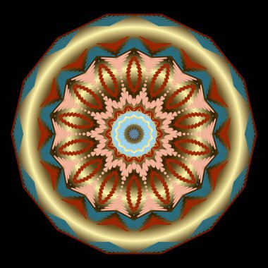 Floral gold 3d mandala. Tribal ethnic style vector background. Round surface mandala with zig zag stitching. Textured colorful ornament with zigzag lines, flowers. Stithing embroidery ornate texture.