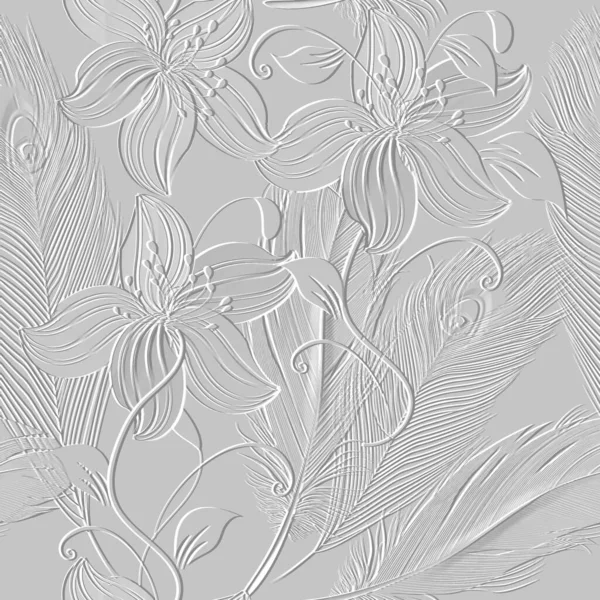 Embossed Lines Floral Seamless Pattern Textured Beautiful Exotic Flowers Background — Stockvektor